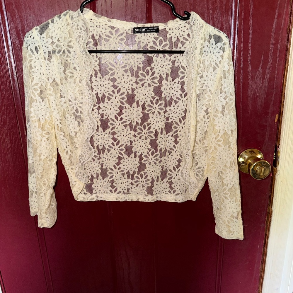 SHEIN Cream Floral Crochet Lace Bolero Cardigan